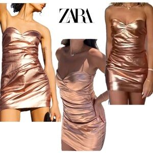 Zara rose gold metallic foil faux leather strapless mini dress bodycon Sz M NWOT